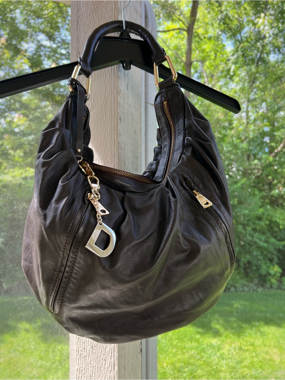 DKNY Black Leather Hobo Bag with Gold Hardware